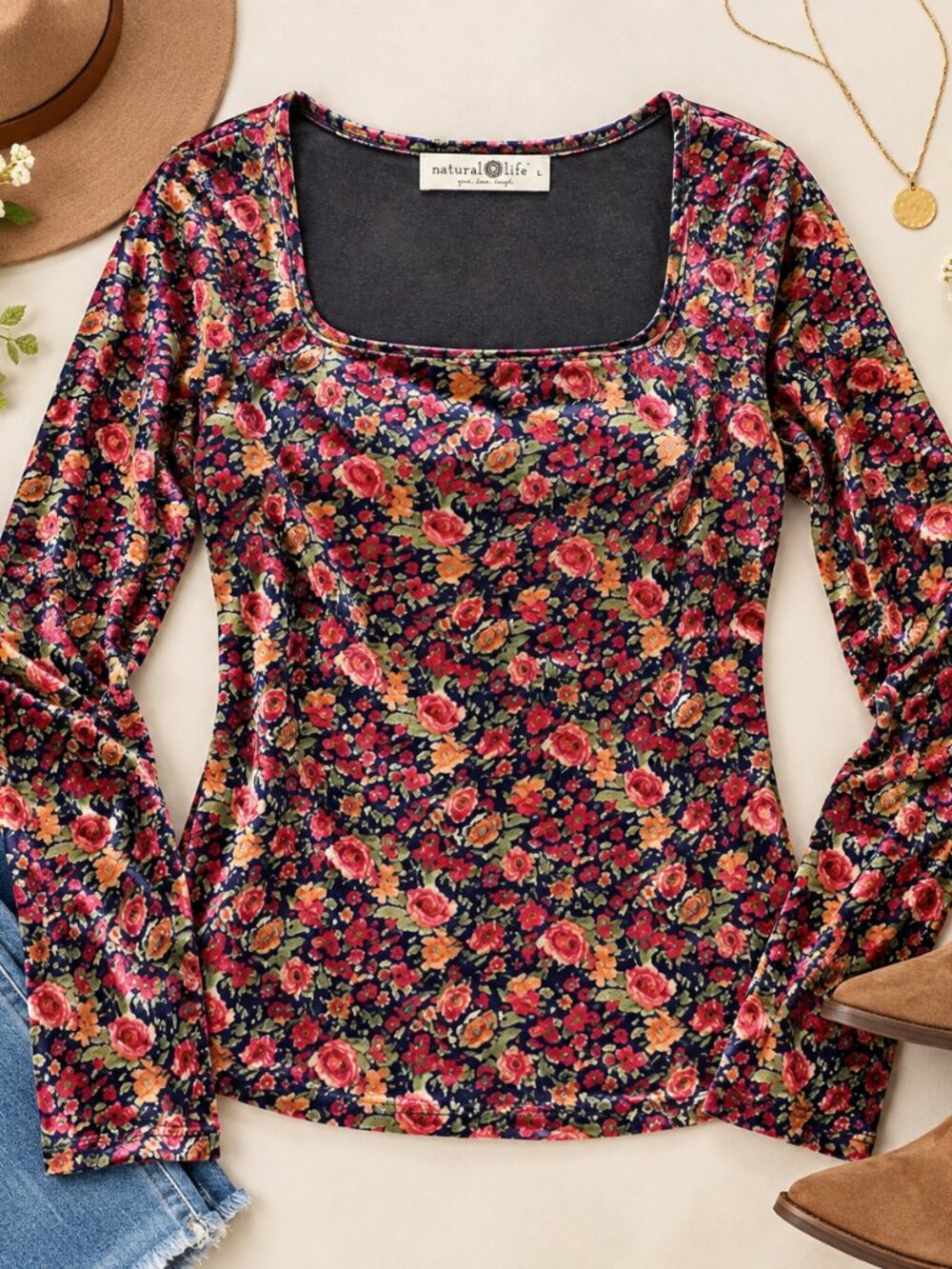 Natural Life Floral Velvet Long Sleeve Square Neck Top Large Boho Cottagecore